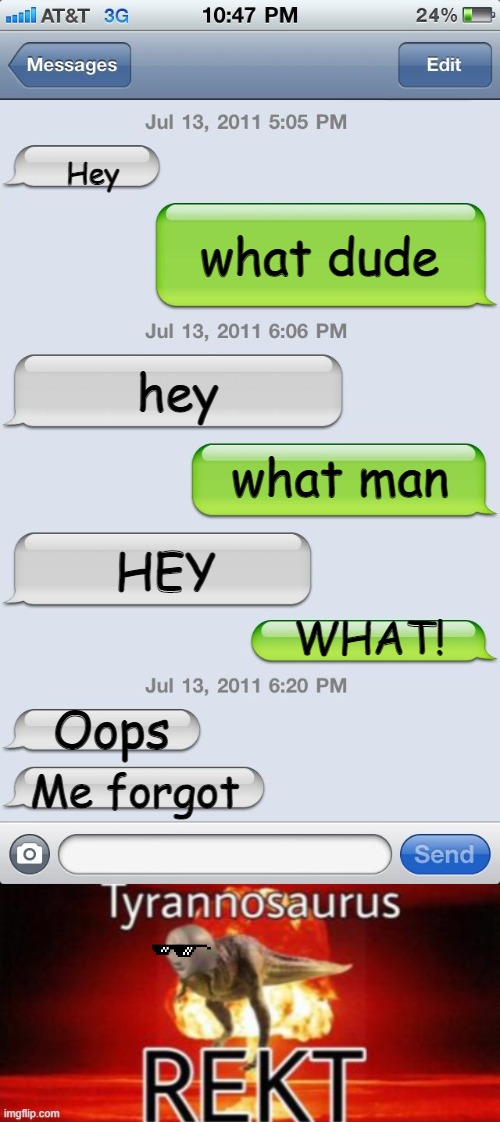 LOL! | Hey; what dude; hey; what man; HEY; WHAT! Oops; Me forgot | image tagged in texting messages blank,funny texts,meme | made w/ Imgflip meme maker