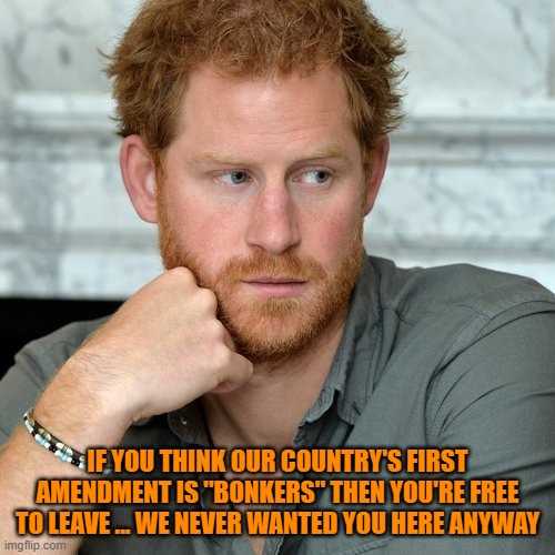 This loser moves to Canada, then to the U.S. and now wants to criticize our Constitution. Get lost... | IF YOU THINK OUR COUNTRY'S FIRST AMENDMENT IS "BONKERS" THEN YOU'RE FREE TO LEAVE ... WE NEVER WANTED YOU HERE ANYWAY | image tagged in prince harry | made w/ Imgflip meme maker