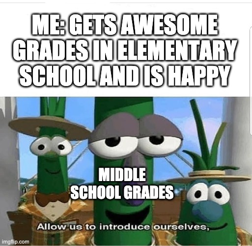 Allow us to introduce ourselves | ME: GETS AWESOME GRADES IN ELEMENTARY SCHOOL AND IS HAPPY MIDDLE SCHOOL GRADES | image tagged in allow us to introduce ourselves | made w/ Imgflip meme maker