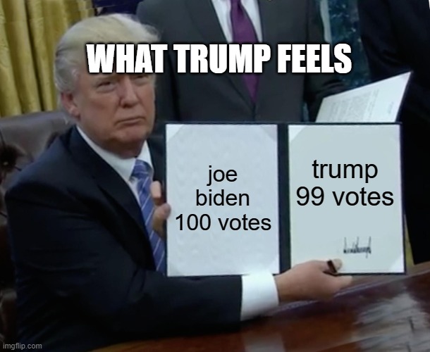 Trump Bill Signing Meme | WHAT TRUMP FEELS; joe biden 100 votes; trump 99 votes | image tagged in memes,trump bill signing | made w/ Imgflip meme maker