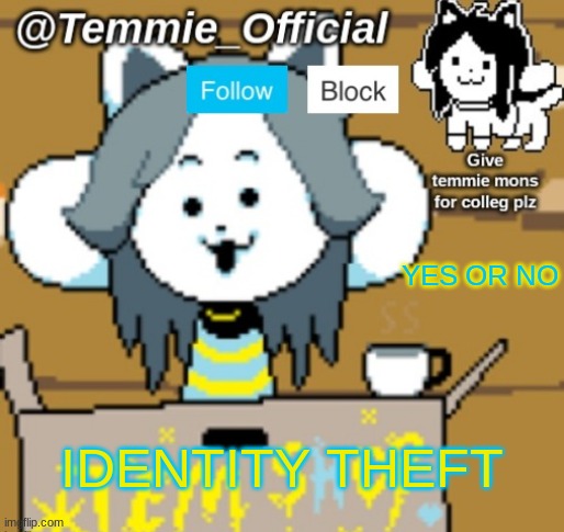 Temmie_Official announcement template | YES OR NO; IDENTITY THEFT | image tagged in temmie_official announcement template | made w/ Imgflip meme maker