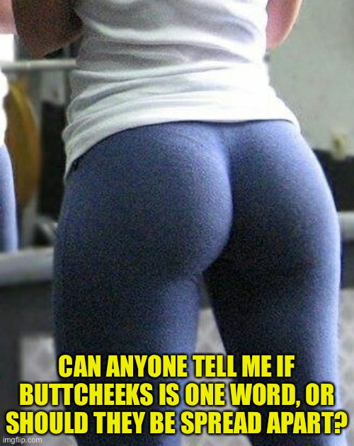 Butt which is correct? | CAN ANYONE TELL ME IF BUTTCHEEKS IS ONE WORD, OR SHOULD THEY BE SPREAD APART? | image tagged in yoga butt | made w/ Imgflip meme maker