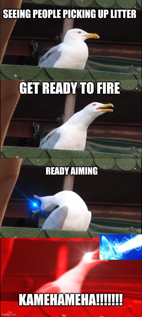 Inhaling Seagull | SEEING PEOPLE PICKING UP LITTER; GET READY TO FIRE; READY AIMING; KAMEHAMEHA!!!!!!! | image tagged in memes,inhaling seagull | made w/ Imgflip meme maker