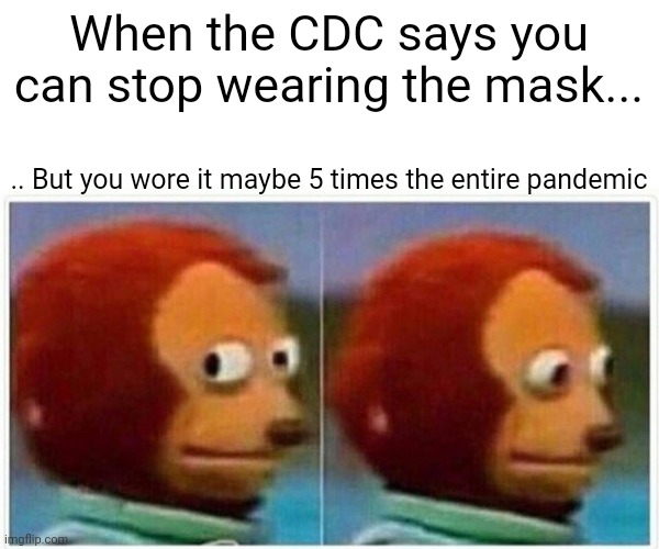 Monkey Puppet Meme | When the CDC says you can stop wearing the mask... .. But you wore it maybe 5 times the entire pandemic | image tagged in memes,monkey puppet | made w/ Imgflip meme maker