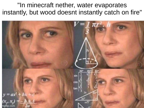 Asking the real questions | "In minecraft nether, water evaporates instantly, but wood doesnt instantly catch on fire" | image tagged in minecraft,calculating meme | made w/ Imgflip meme maker