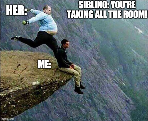 true tho | SIBLING: YOU'RE TAKING ALL THE ROOM! HER:; ME: | image tagged in kicked off cliff | made w/ Imgflip meme maker