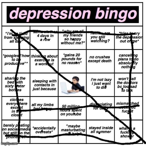 Thats...actually really sad | image tagged in depression bingo | made w/ Imgflip meme maker