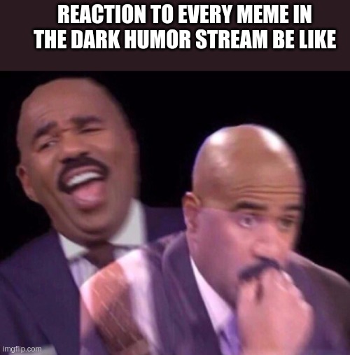 comment if relatable. | REACTION TO EVERY MEME IN THE DARK HUMOR STREAM BE LIKE | image tagged in steve harvey laughing serious | made w/ Imgflip meme maker