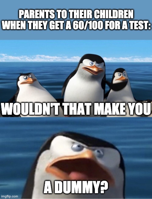 Test | PARENTS TO THEIR CHILDREN WHEN THEY GET A 60/100 FOR A TEST:; WOULDN'T THAT MAKE YOU; A DUMMY? | image tagged in wouldn't that make you | made w/ Imgflip meme maker