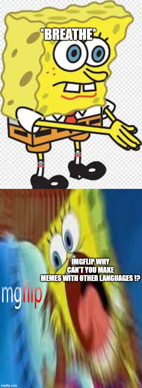 I identify myself | *BREATHE*; IMGFLIP WHY CAN'T YOU MAKE MEMES WITH OTHER LANGUAGES !? | image tagged in spongebob angry,spongebob breath,imgflip,true,why imgflip,does not make sense | made w/ Imgflip meme maker