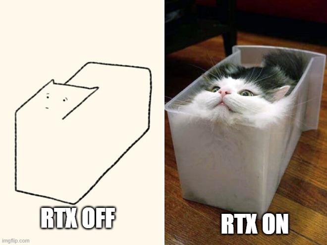 RTX off and on | RTX ON; RTX OFF | image tagged in rtx on and off,memes,cats,box | made w/ Imgflip meme maker