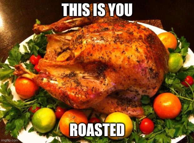 Roasted turkey | THIS IS YOU ROASTED | image tagged in roasted turkey | made w/ Imgflip meme maker