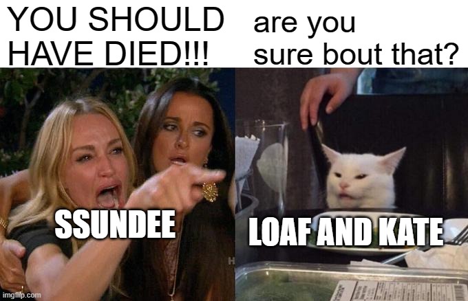 Watch Ssundee | YOU SHOULD HAVE DIED!!! are you sure bout that? SSUNDEE; LOAF AND KATE | image tagged in memes,woman yelling at cat | made w/ Imgflip meme maker