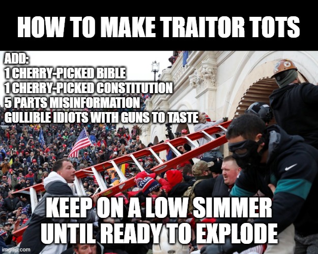 Qanon - Insurrection - Trump riot - sedition | HOW TO MAKE TRAITOR TOTS; ADD: 
1 CHERRY-PICKED BIBLE
1 CHERRY-PICKED CONSTITUTION
5 PARTS MISINFORMATION
GULLIBLE IDIOTS WITH GUNS TO TASTE; KEEP ON A LOW SIMMER UNTIL READY TO EXPLODE | image tagged in qanon - insurrection - trump riot - sedition | made w/ Imgflip meme maker