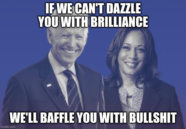 Biden Harris 2020 | IF WE CAN'T DAZZLE YOU WITH BRILLIANCE WE'LL BAFFLE YOU WITH BULLSHIT | image tagged in biden harris 2020 | made w/ Imgflip meme maker