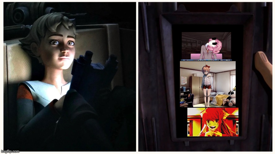 Le spoopy DDLC scares | image tagged in omega watching something | made w/ Imgflip meme maker