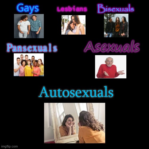 Gays:Men Lesbians:Women Bisexuals:Men and Women Pansexuals:Everyone Asexuals:Nobody Autosexuals:*Looks in mirror* Hey hottie~ |  Lesbians; Gays; Bisexuals; Pansexuals; Asexuals; Autosexuals | image tagged in memes,blank transparent square,lgbtq,gay,lesbian,pansexual | made w/ Imgflip meme maker