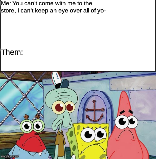 Bro, it rarely works on me, like cut the bs | Me: You can't come with me to the store, I can't keep an eye over all of yo-; Them: | image tagged in spongebob,memes,fun | made w/ Imgflip meme maker