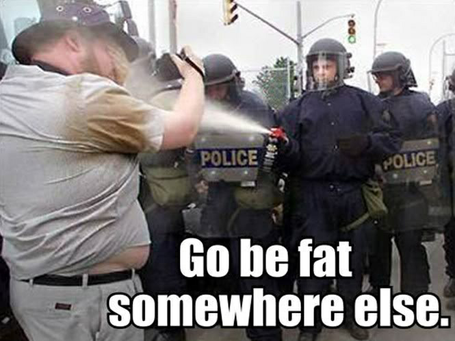 High Quality Police spraying fat man - go be fat somewhere else! Blank Meme Template