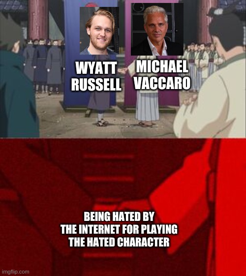 dhar mann and the falcon and the winter soldier | MICHAEL VACCARO; WYATT RUSSELL; BEING HATED BY THE INTERNET FOR PLAYING THE HATED CHARACTER | image tagged in hand shake,falcon,captain america | made w/ Imgflip meme maker