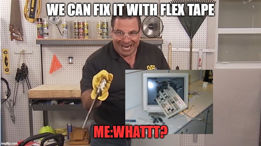 Can we fix it with tape? | WE CAN FIX IT WITH FLEX TAPE; ME:WHATTT? | image tagged in phil swift that's a lotta damage flex tape/seal | made w/ Imgflip meme maker