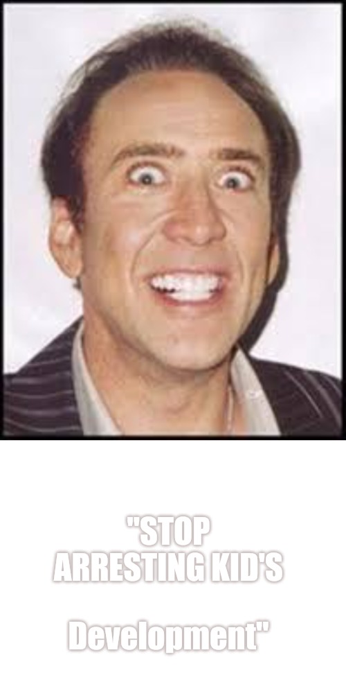 Encourage kids to follow their heart | "STOP ARRESTING KID'S; Development" | image tagged in crazy nick cage,blank white template,arrested development | made w/ Imgflip meme maker