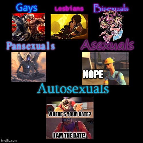 My version xD (Idea by SirAquarius_Pez-del.cielo) |  NOPE; WHERE'S YOUR DATE? I AM THE DATE! | image tagged in idea,boredom,lgbt,tf2,version | made w/ Imgflip meme maker
