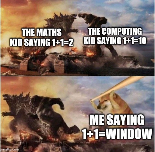 There is no true answer | THE COMPUTING KID SAYING 1+1=10; THE MATHS KID SAYING 1+1=2; ME SAYING 1+1=WINDOW | image tagged in kong godzilla doge,memes,doge,school | made w/ Imgflip meme maker