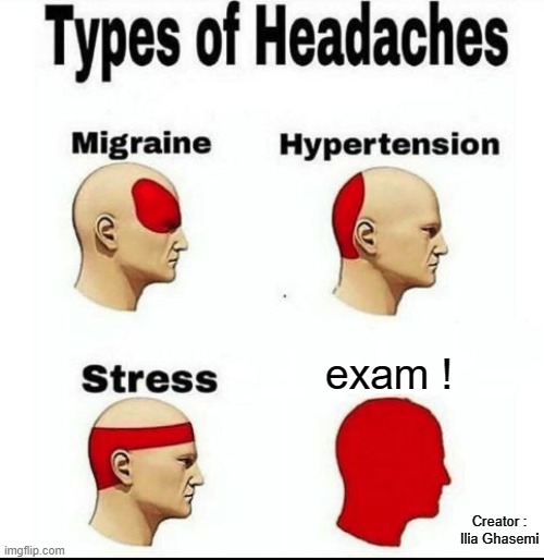 Types of Headaches | exam ! Creator : Ilia Ghasemi | image tagged in types of headaches meme,memes,head,headache,exam,exams | made w/ Imgflip meme maker