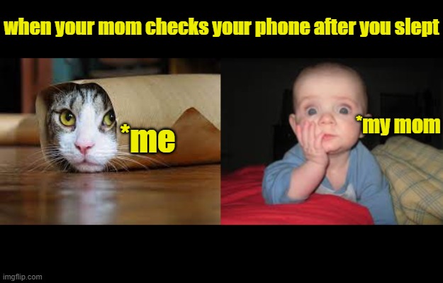 meme | when your mom checks your phone after you slept; *my mom; *me | image tagged in so true memes,funny memes,funny cat memes,problems,too funny,funny cats | made w/ Imgflip meme maker