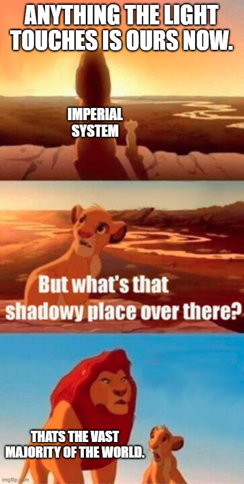 Simba Shadowy Place | ANYTHING THE LIGHT TOUCHES IS OURS NOW. IMPERIAL SYSTEM; THATS THE VAST MAJORITY OF THE WORLD. | image tagged in memes,simba shadowy place | made w/ Imgflip meme maker