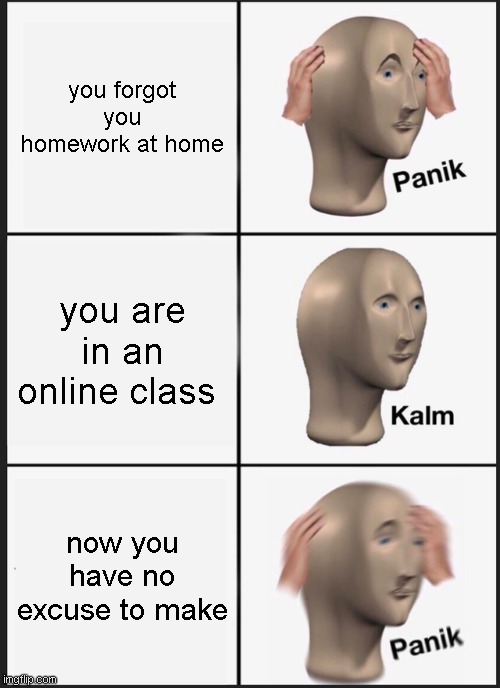 no this can't be happening | you forgot you homework at home; you are in an online class; now you have no excuse to make | image tagged in memes,panik kalm panik | made w/ Imgflip meme maker