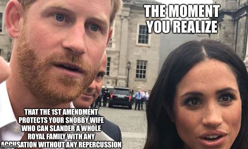 Wait till you hear about number 2 | THE MOMENT YOU REALIZE; THAT THE 1ST AMENDMENT PROTECTS YOUR SNOBBY WIFE WHO CAN SLANDER A WHOLE ROYAL FAMILY WITH ANY ACCUSATION WITHOUT ANY REPERCUSSION | image tagged in meghan markle,prince harry | made w/ Imgflip meme maker
