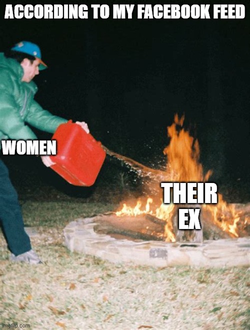 guy pouring gasoline into fire | ACCORDING TO MY FACEBOOK FEED; WOMEN; THEIR EX | image tagged in guy pouring gasoline into fire | made w/ Imgflip meme maker