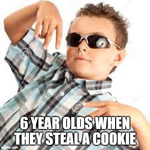 Cool kid sunglasses | 6 YEAR OLDS WHEN THEY STEAL A COOKIE | image tagged in cool kid sunglasses | made w/ Imgflip meme maker