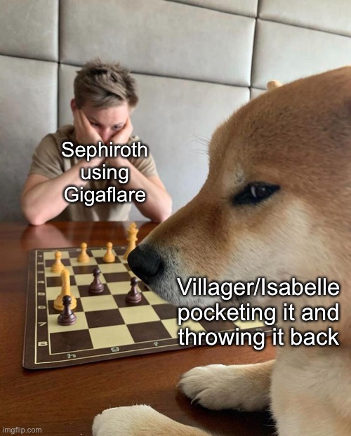 Karma | Sephiroth using Gigaflare; Villager/Isabelle pocketing it and throwing it back | image tagged in sephiroth,animal crossing,memes | made w/ Imgflip meme maker
