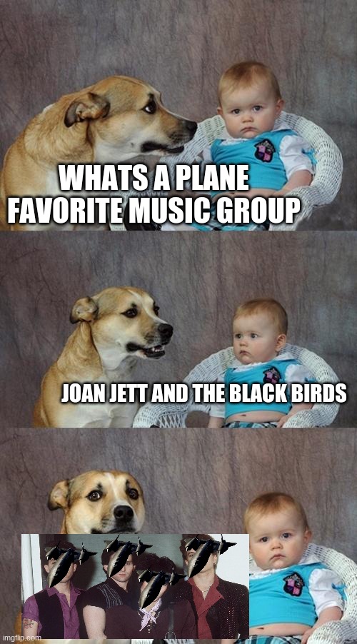 This should be illegal | WHATS A PLANE FAVORITE MUSIC GROUP; JOAN JETT AND THE BLACK BIRDS | image tagged in memes,dad joke dog | made w/ Imgflip meme maker