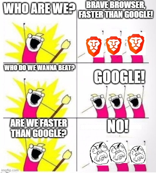 Google is better. - Change my mind. | BRAVE BROWSER, FASTER THAN GOOGLE! WHO ARE WE? WHO DO WE WANNA BEAT? GOOGLE! ARE WE FASTER THAN GOOGLE? NO! | image tagged in who are we | made w/ Imgflip meme maker