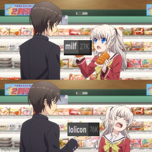 milf vs lolicon | image tagged in charlotte anime | made w/ Imgflip meme maker