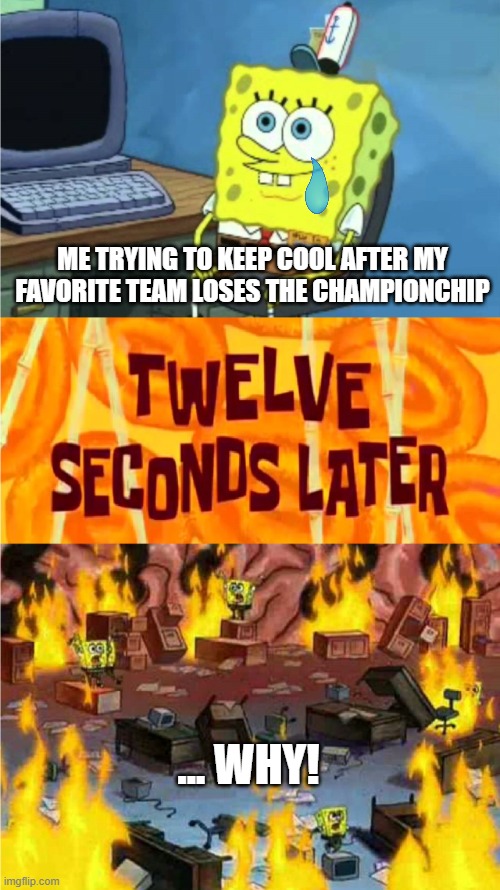 Spongebob sports outrage | ME TRYING TO KEEP COOL AFTER MY FAVORITE TEAM LOSES THE CHAMPIONCHIP; ... WHY! | image tagged in spongebob office rage | made w/ Imgflip meme maker