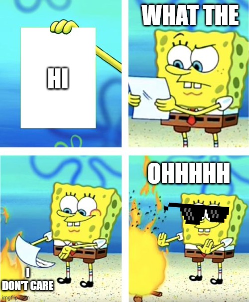 Spongebob Burning Paper | WHAT THE; HI; OHHHHH; I DON'T CARE | image tagged in spongebob burning paper | made w/ Imgflip meme maker
