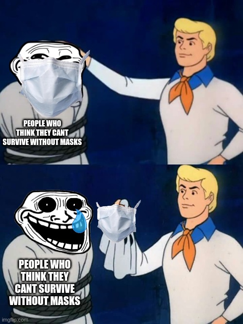 Scooby doo mask reveal | PEOPLE WHO THINK THEY CANT SURVIVE WITHOUT MASKS; PEOPLE WHO THINK THEY CANT SURVIVE WITHOUT MASKS | image tagged in scooby doo mask reveal | made w/ Imgflip meme maker