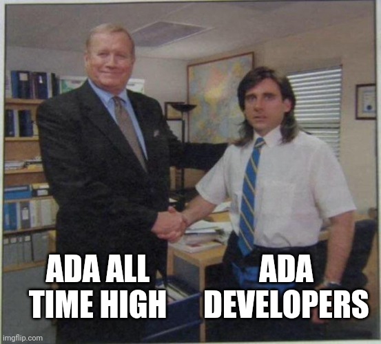 the office handshake | ADA ALL TIME HIGH; ADA DEVELOPERS | image tagged in the office handshake | made w/ Imgflip meme maker