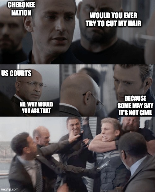 Captain america elevator | CHEROKEE NATION; WOULD YOU EVER TRY TO CUT MY HAIR; US COURTS; BECAUSE SOME MAY SAY IT'S NOT CIVIL; NO, WHY WOULD YOU ASK THAT | image tagged in captain america elevator | made w/ Imgflip meme maker