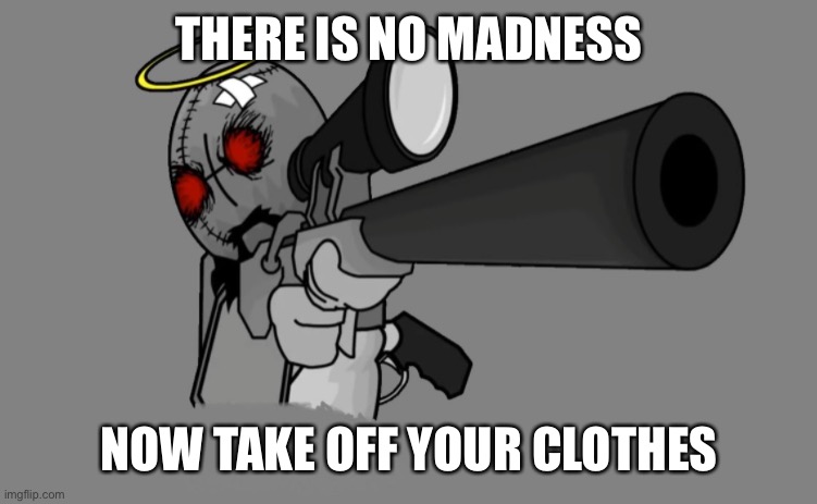 no madness | THERE IS NO MADNESS; NOW TAKE OFF YOUR CLOTHES | image tagged in madness combat jebus with a sniper,memes | made w/ Imgflip meme maker