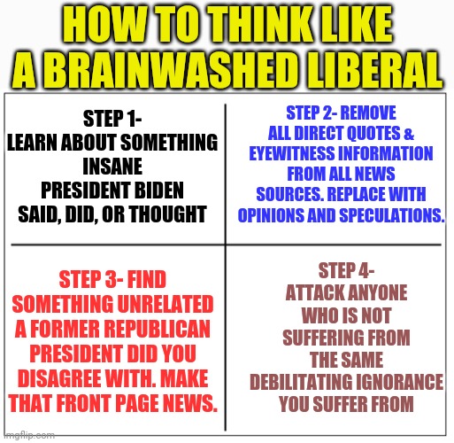 Zombie plagues and the liberal thought process share many similarities | HOW TO THINK LIKE A BRAINWASHED LIBERAL; STEP 2- REMOVE ALL DIRECT QUOTES & EYEWITNESS INFORMATION FROM ALL NEWS SOURCES. REPLACE WITH OPINIONS AND SPECULATIONS. STEP 1- LEARN ABOUT SOMETHING INSANE PRESIDENT BIDEN SAID, DID, OR THOUGHT; STEP 4- ATTACK ANYONE WHO IS NOT SUFFERING FROM THE SAME DEBILITATING IGNORANCE YOU SUFFER FROM; STEP 3- FIND SOMETHING UNRELATED A FORMER REPUBLICAN PRESIDENT DID YOU DISAGREE WITH. MAKE THAT FRONT PAGE NEWS. | image tagged in 4 square grid,brainwashing,liberals,liberal logic | made w/ Imgflip meme maker