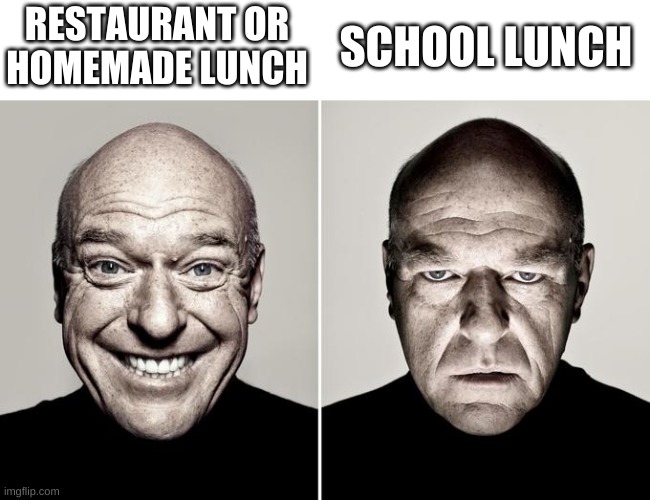 a food meme | RESTAURANT OR HOMEMADE LUNCH; SCHOOL LUNCH | image tagged in dean norris reaction | made w/ Imgflip meme maker