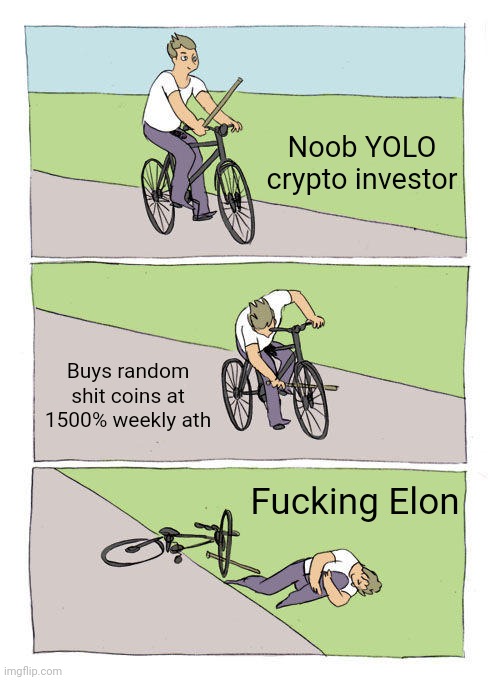 Bike Fall Meme | Noob YOLO crypto investor; Buys random shit coins at 1500% weekly ath; Fucking Elon | image tagged in memes,bike fall | made w/ Imgflip meme maker