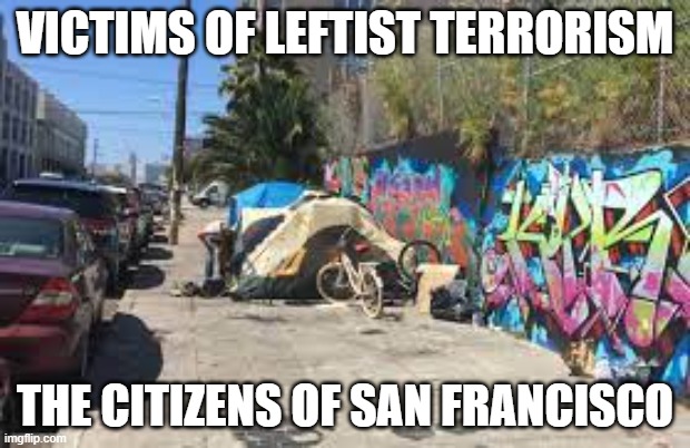 Victims of Leftist Terrorism: The Citizens of San Francisco | VICTIMS OF LEFTIST TERRORISM; THE CITIZENS OF SAN FRANCISCO | image tagged in nwo,leftist terrorism,homeless camps | made w/ Imgflip meme maker