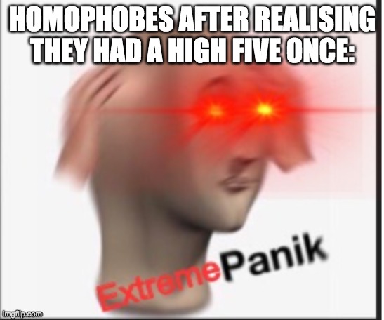 Extreme panik | HOMOPHOBES AFTER REALISING THEY HAD A HIGH FIVE ONCE: | image tagged in extreme panik | made w/ Imgflip meme maker